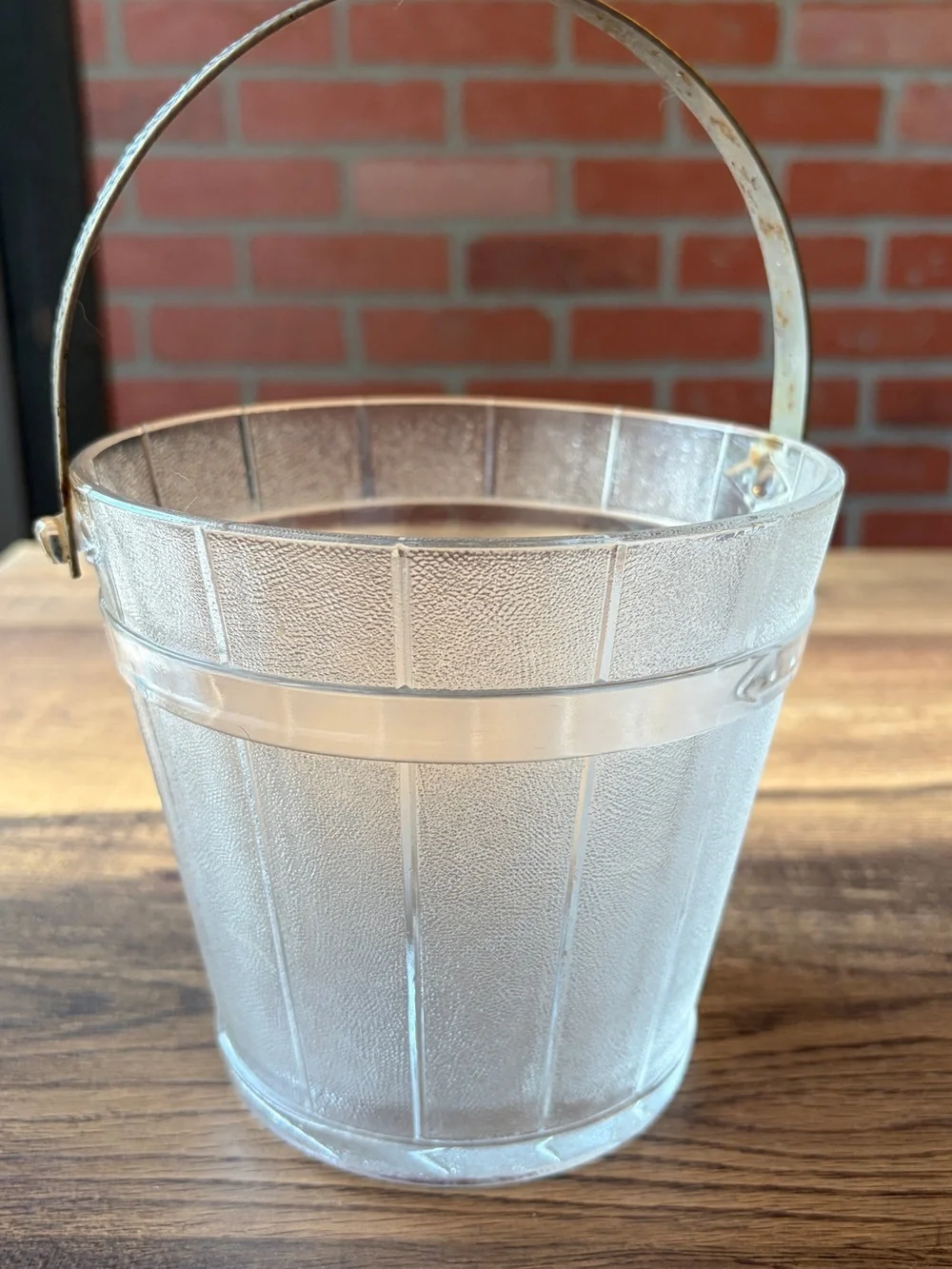 Vintage Clear Textured Glass Ice Bucket with Metal Swing Handle~Mid Century Era